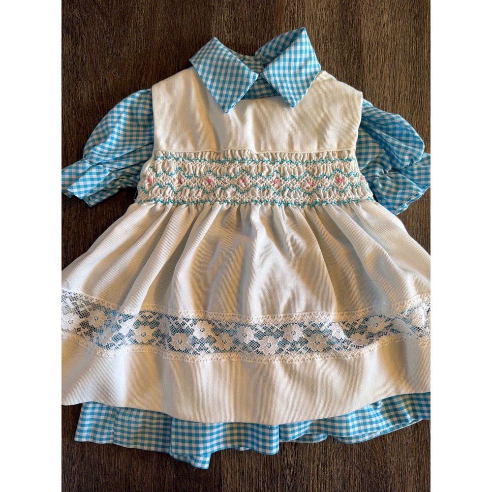 Vintage Polly Flinders Hand Smocked Dress Set Gingham Corduroy Blue White T3